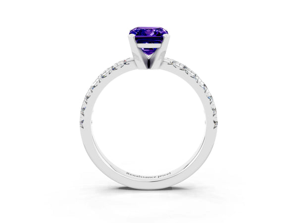 Platinum Emerald Cut Tanzanite Solitaire Pavé Engagement Ring with Round Band and Prong Setting