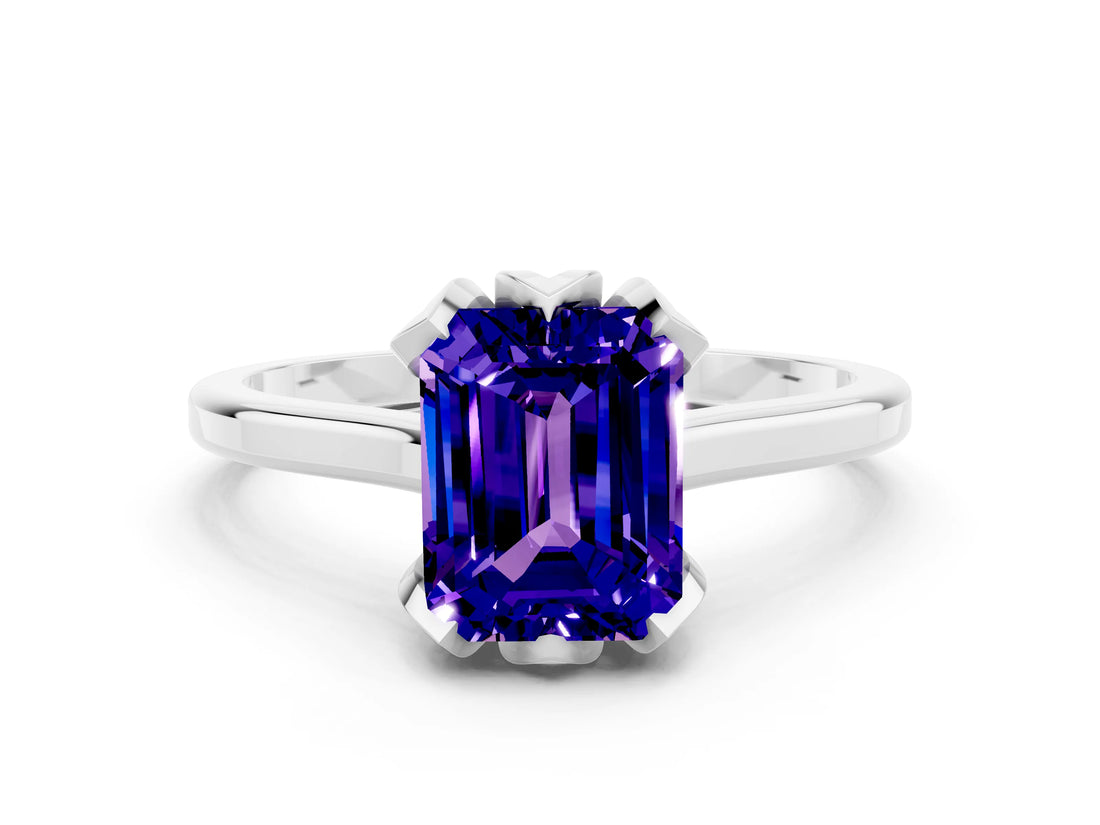 Platinum Emerald Cut Tanzanite Solitaire Ring with Flower Prong Setting and Classic Band_12