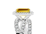 Platinum Emerald Cut Yellow Sapphire Halo Ring with Round Split Shank and Prong Setting_71