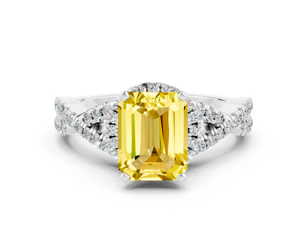 Platinum Emerald Cut Yellow Sapphire  Halo Twist Band Solitaire Prong Setting Ring