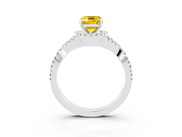 Platinum Emerald Cut Yellow Sapphire  Halo Twist Band Solitaire Prong Setting Ring