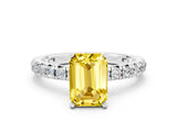 Platinum Emerald Cut Yellow Sapphire Pavé Solitaire Ring with Round Band and Prong Setting_42