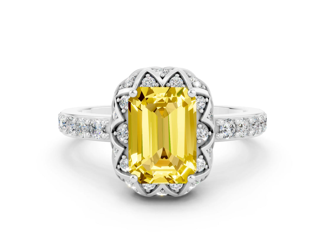 Platinum Emerald Cut Yellow Sapphire Scalloped Halo Engagement Ring with Round Shared Prong Band_108