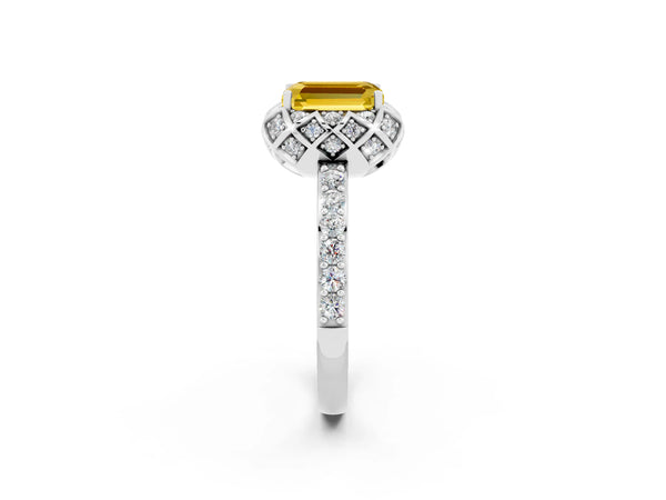 Platinum Emerald Cut Yellow Sapphire Scalloped Halo Engagement Ring with Round Shared Prong Band