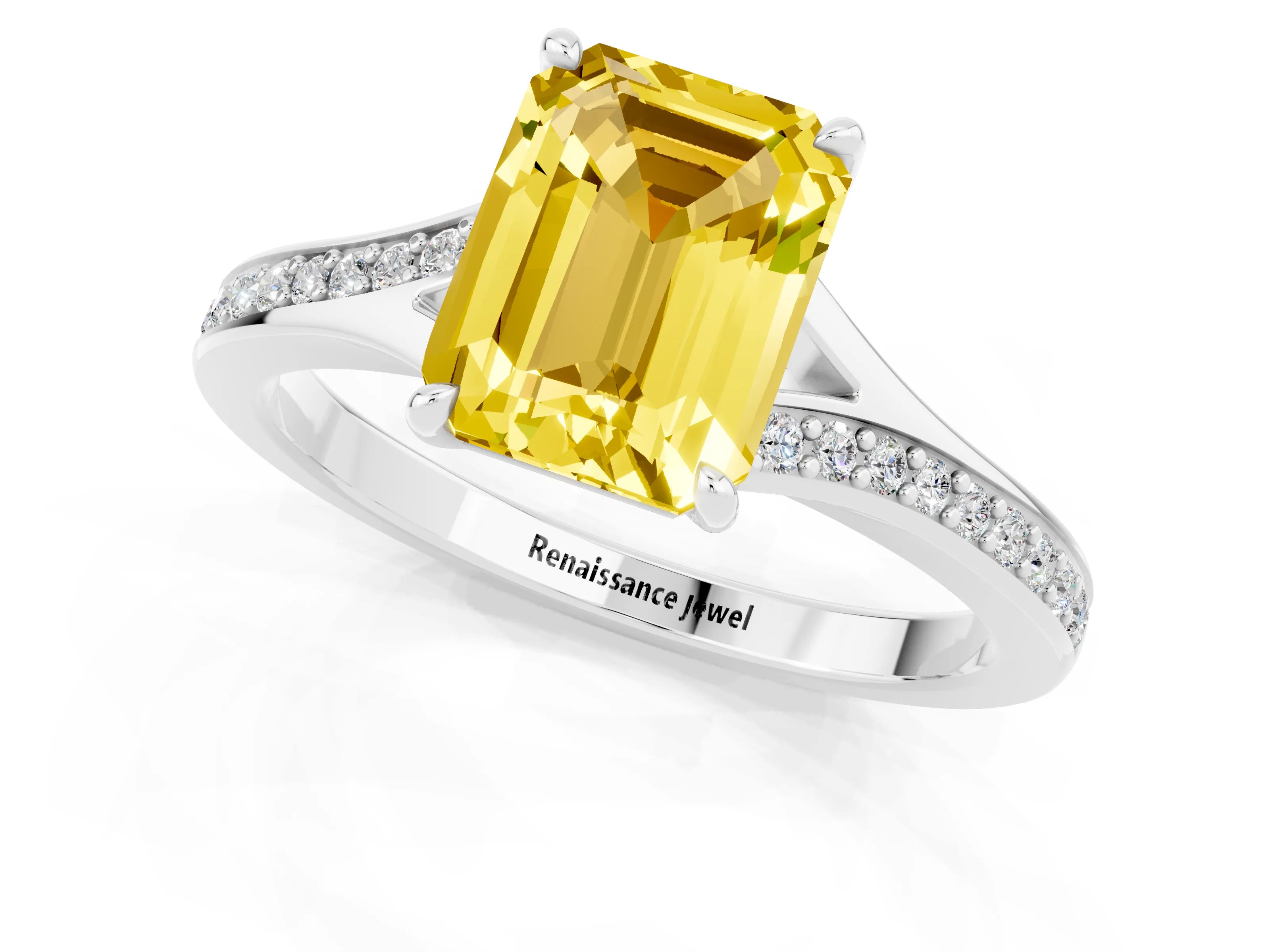 Platinum Emerald Cut Yellow Sapphire Solitaire Ring with Pavé Band and Prong Setting_25