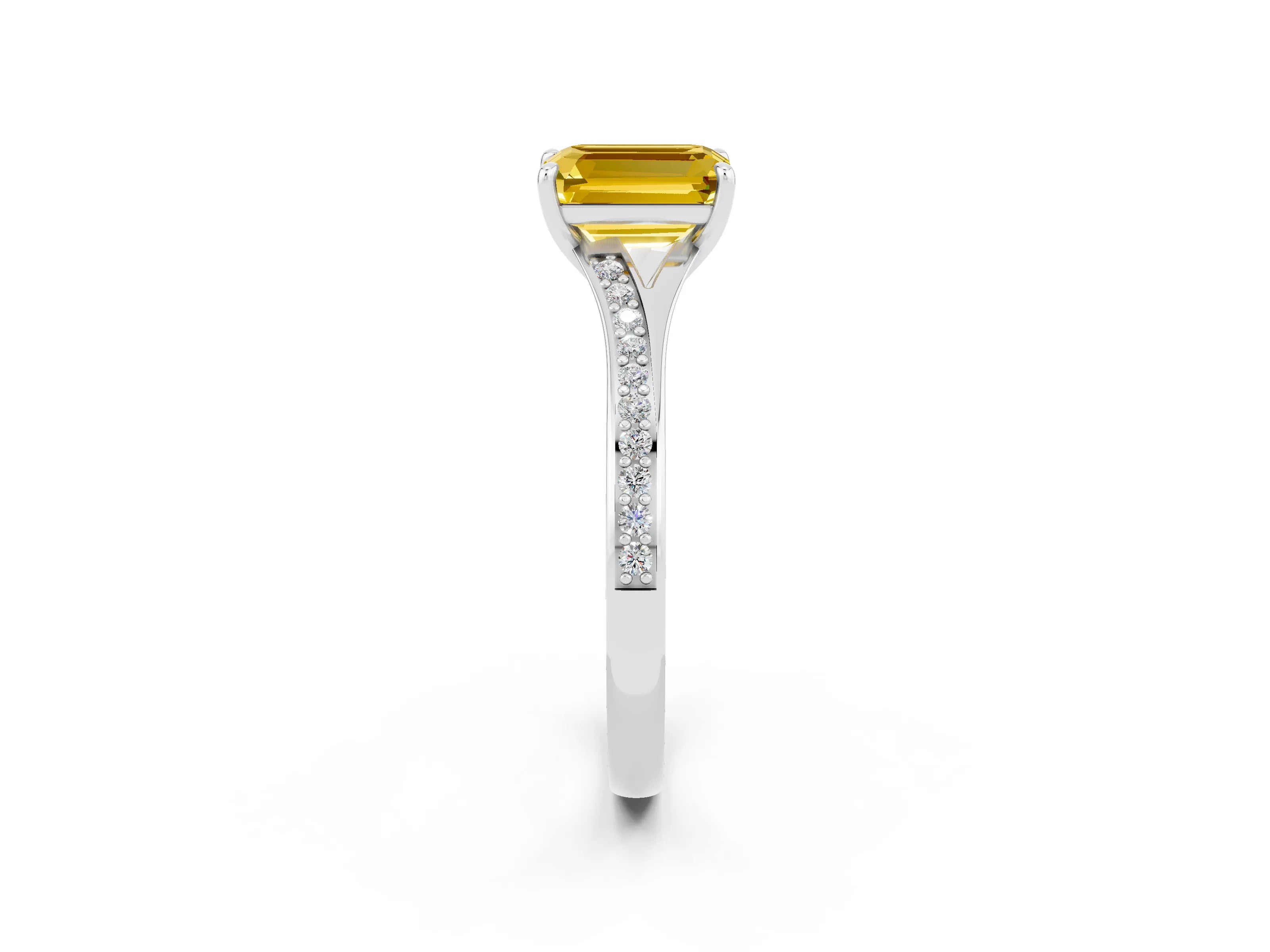 Platinum Emerald Cut Yellow Sapphire Solitaire Ring with Pavé Band and Prong Setting_26