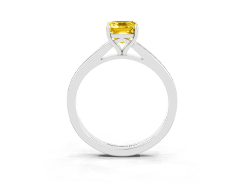 Platinum Emerald Cut Yellow Sapphire Solitaire Ring with Pavé Band and Prong Setting_27