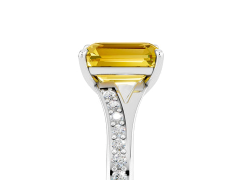 Platinum Emerald Cut Yellow Sapphire Solitaire Ring with Pavé Band and Prong Setting_29