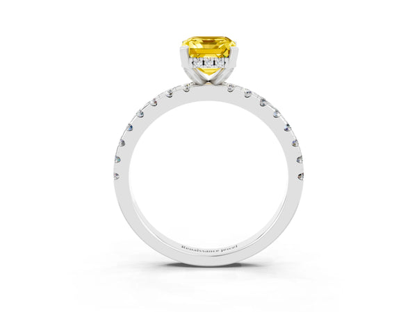 Platinum Emerald Cut Yellow Sapphire Solitaire Ring with Round Pavé Band and Four-Prong Setting