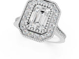 Platinum Emerald Diamond Halo Ring with Milgrain Frame and Pavé Band 1