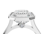Platinum Emerald Diamond Halo Ring with Milgrain Frame and Pavé Band 4