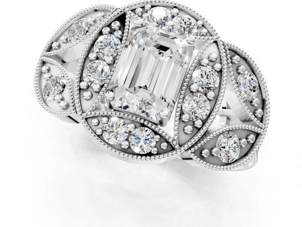 Platinum Emerald Cut Vintage Halo Engagement Ring Setting with Milgrain Leaf Panels and Carved Band
