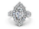 Platinum Emerald Halo Diamond Engagement Ring with Split Shank and Four-Prong Setting