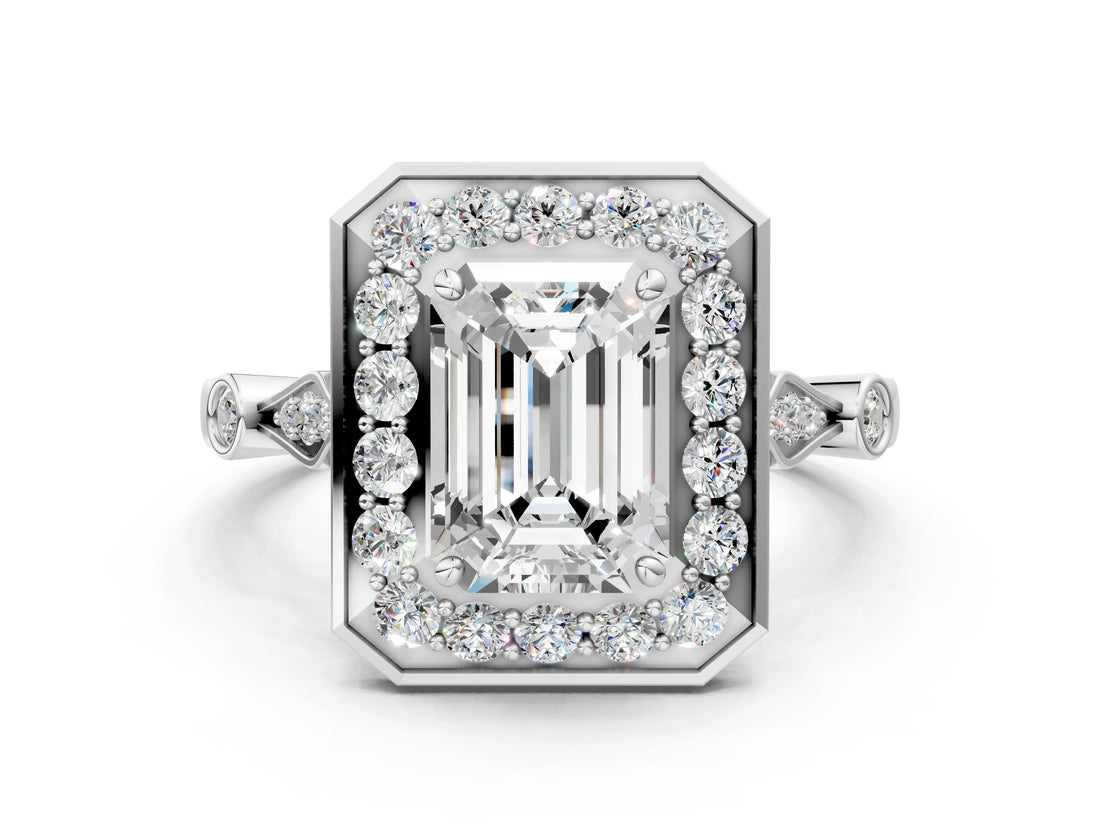 Platinum Emerald Halo Diamond Engagement Ring with Twisted Band and Four-Prong Setting