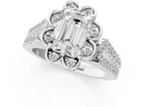 Platinum Emerald Halo Diamond Floral Split Shank Engagement Ring 2