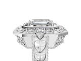 Platinum Emerald Halo Diamond Ring with Milgrain Bezel and Prong Setting_11