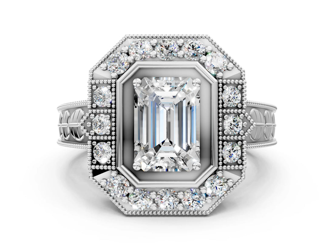 Platinum Emerald Halo Diamond Ring with Milgrain Bezel and Prong Setting_6