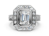 Platinum Emerald Halo Diamond Ring with Milgrain Bezel and Prong Setting_6