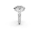 Platinum Emerald Halo Diamond Ring with Milgrain Bezel and Prong Setting_8