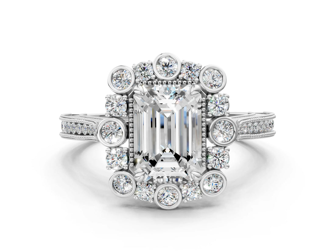 Platinum Emerald Halo Milgrain Pave Diamond Ring with Four-Prong Setting 1