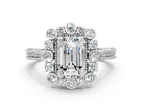 Platinum Emerald Halo Milgrain Pave Diamond Ring with Four-Prong Setting 1