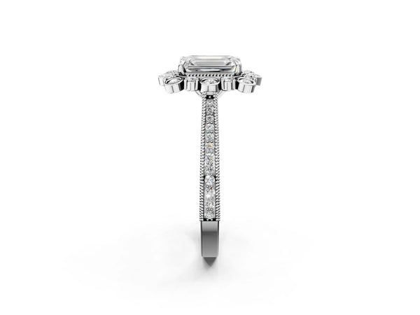 Platinum Emerald Cut Scalloped Milgrain Halo Engagement Ring Setting