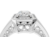 Platinum Emerald Halo Split Shank Diamond Ring with Milgrain Prong Setting_10