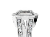Platinum Emerald Halo Split Shank Diamond Ring with Milgrain Prong Setting_11