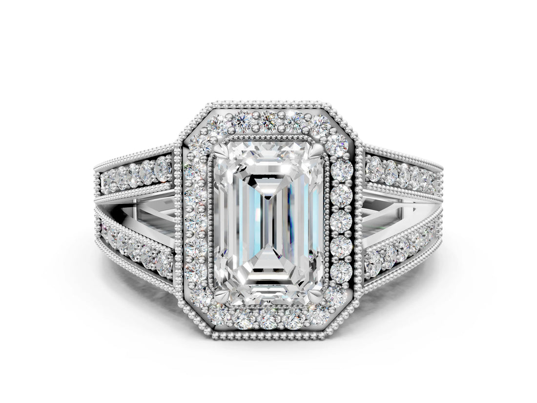 Platinum Emerald Halo Split Shank Diamond Ring with Milgrain Prong Setting_6