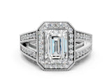 Platinum Emerald Halo Split Shank Diamond Ring with Milgrain Prong Setting_6
