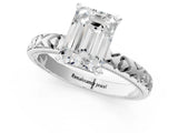 Platinum Emerald Solitaire Diamond Engagement Ring with XO Engraved Band and Four-Prong Setting 1