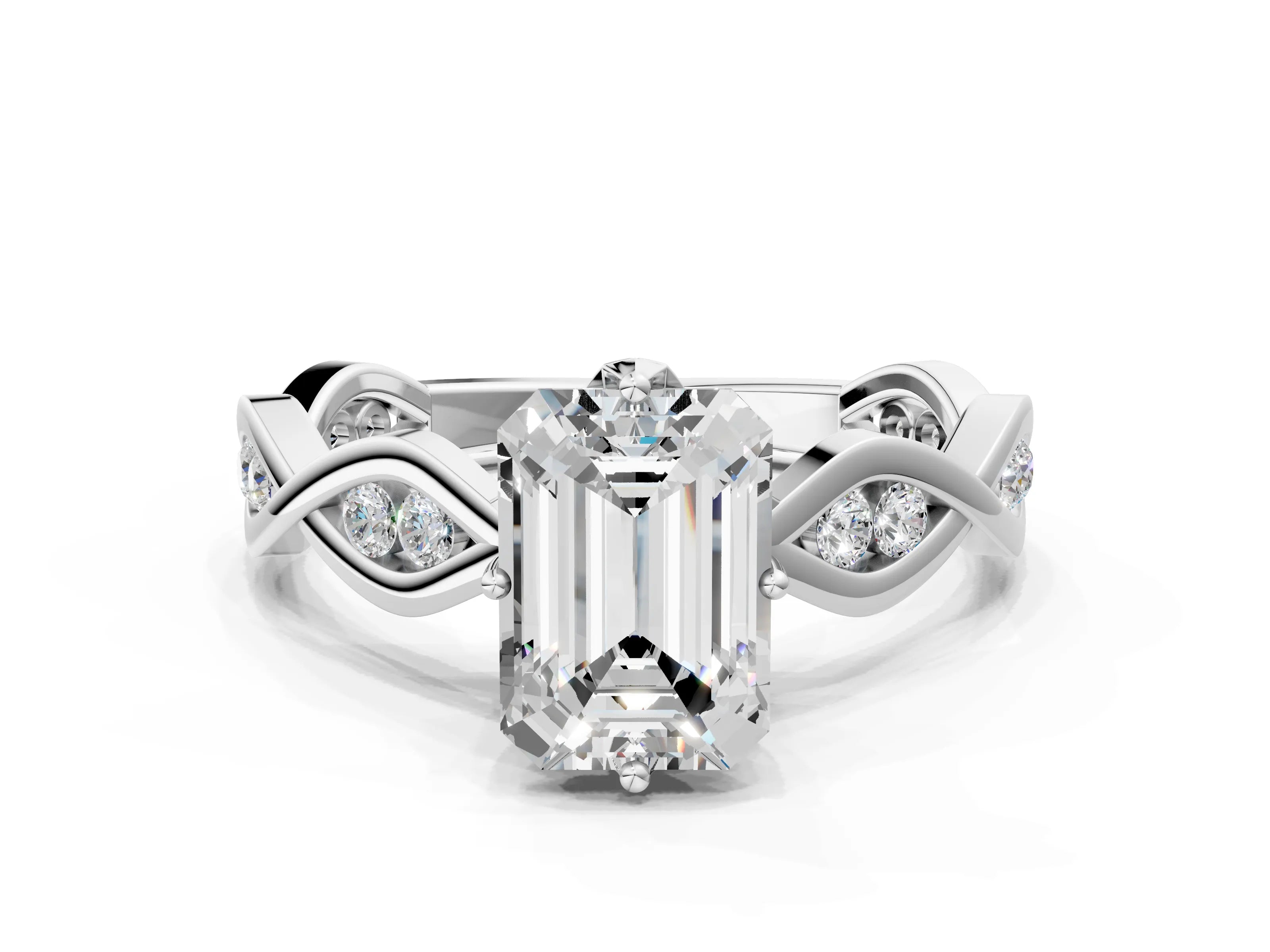 Platinum Emerald Solitaire Twist Band with Leaf Prong Setting