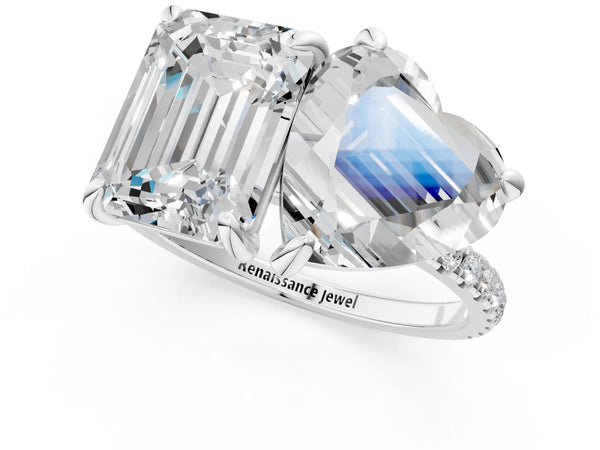 Platinum Emerald and Heart Toi Moi Ring with Prong Setting and Micro Pave Band