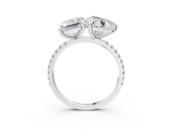 Platinum Emerald and Heart Toi Moi Ring with Prong Setting and Micro Pave Band