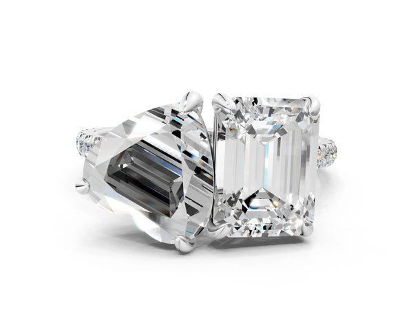 Platinum Emerald and Heart Toi Moi Ring with Prong Setting and Micro Pave Band