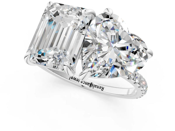 Platinum Emerald and Heart Toi Moi Ring with Prong Setting and Pave Band