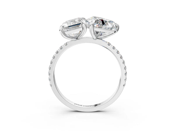 Platinum Emerald and Heart Toi Moi Ring with Prong Setting and Pave Band