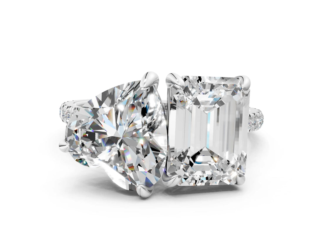 Platinum Emerald and Heart Toi Moi Ring with Prong Setting and Pave Band