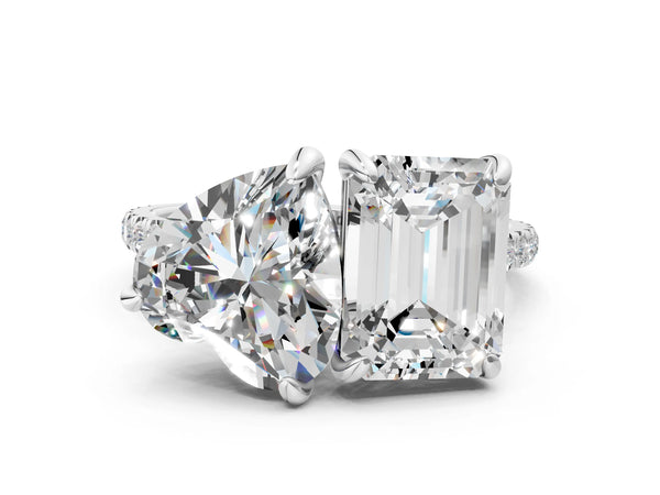 Platinum Emerald and Heart Toi Moi Ring with Prong Setting and Pave Band