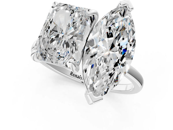Platinum Emerald and Marquise Toi Moi Ring with Prong Setting and Plain Band