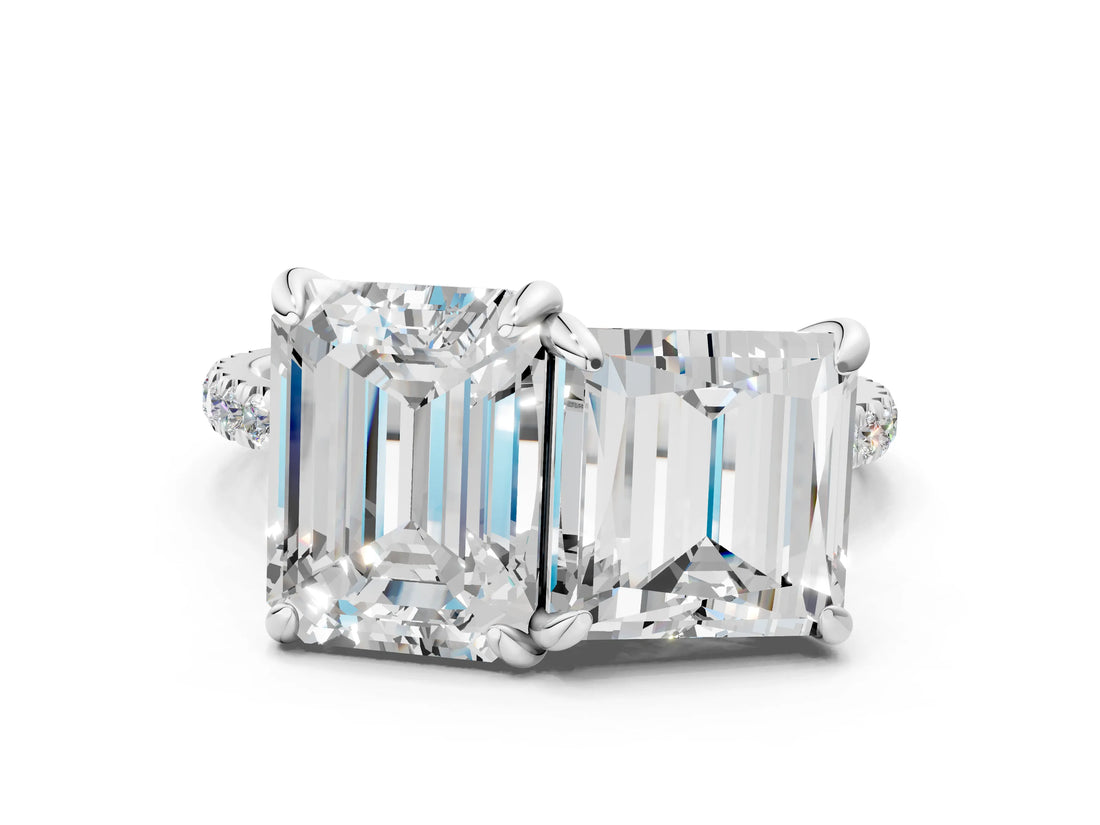 Platinum Emerald and Princess Toi Moi Ring with Prong Setting and Micro Pave Band