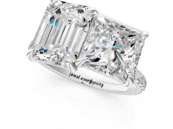 Platinum Emerald Cut and Princess Cut Laboratory-Grown Diamond Toi et Moi Engagement Ring