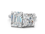 Platinum Emerald and Princess Toi Moi Ring with Prong Setting and Pave Band