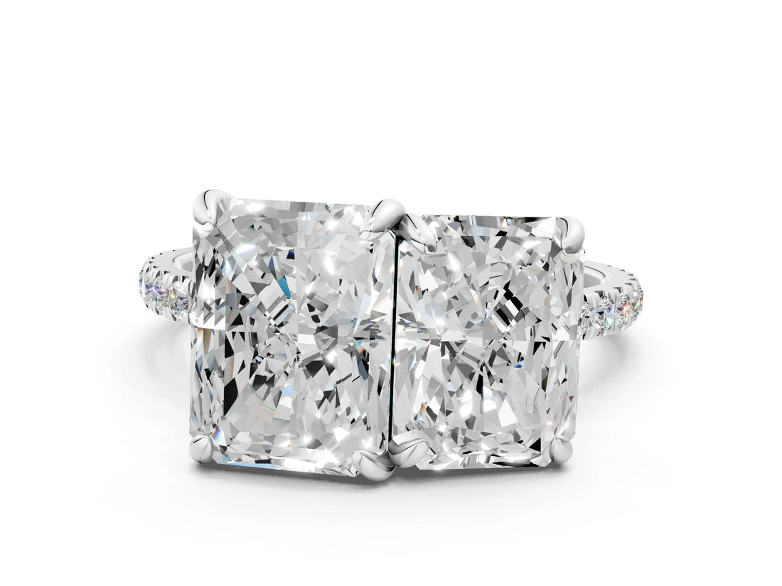 Platinum Emerald and Radiant Toi Moi Ring with Prong Setting and Pave Band