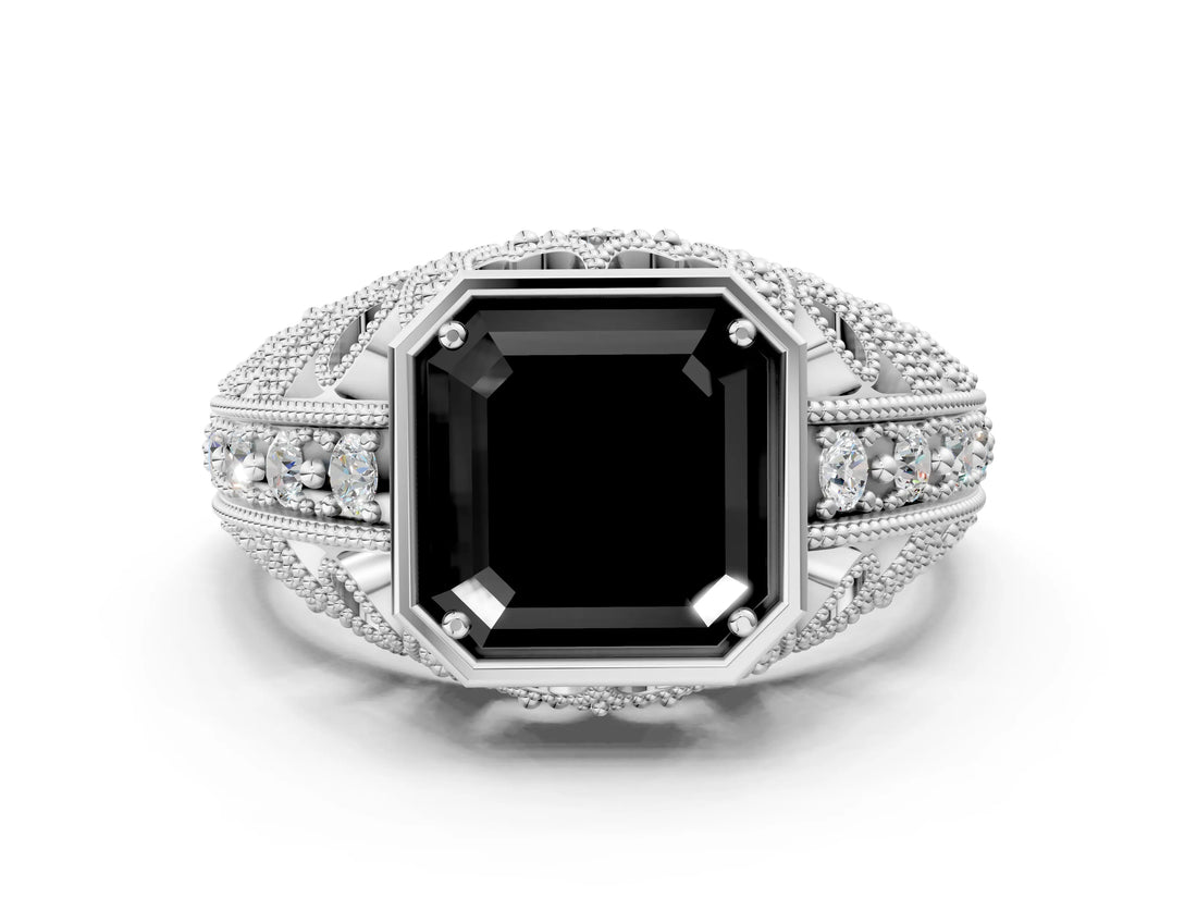 Platinum Fancy Black Asscher Cut Brilliant Milgrain Filigree Diamond Ring with Square Prong Setting_6