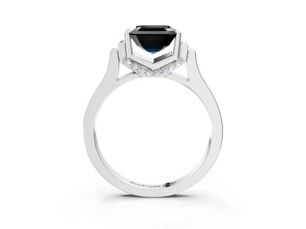 Platinum Fancy Black Asscher Cut Brilliant Solitaire Diamond Ring with Channel Set Band and Bar Prong Setting
