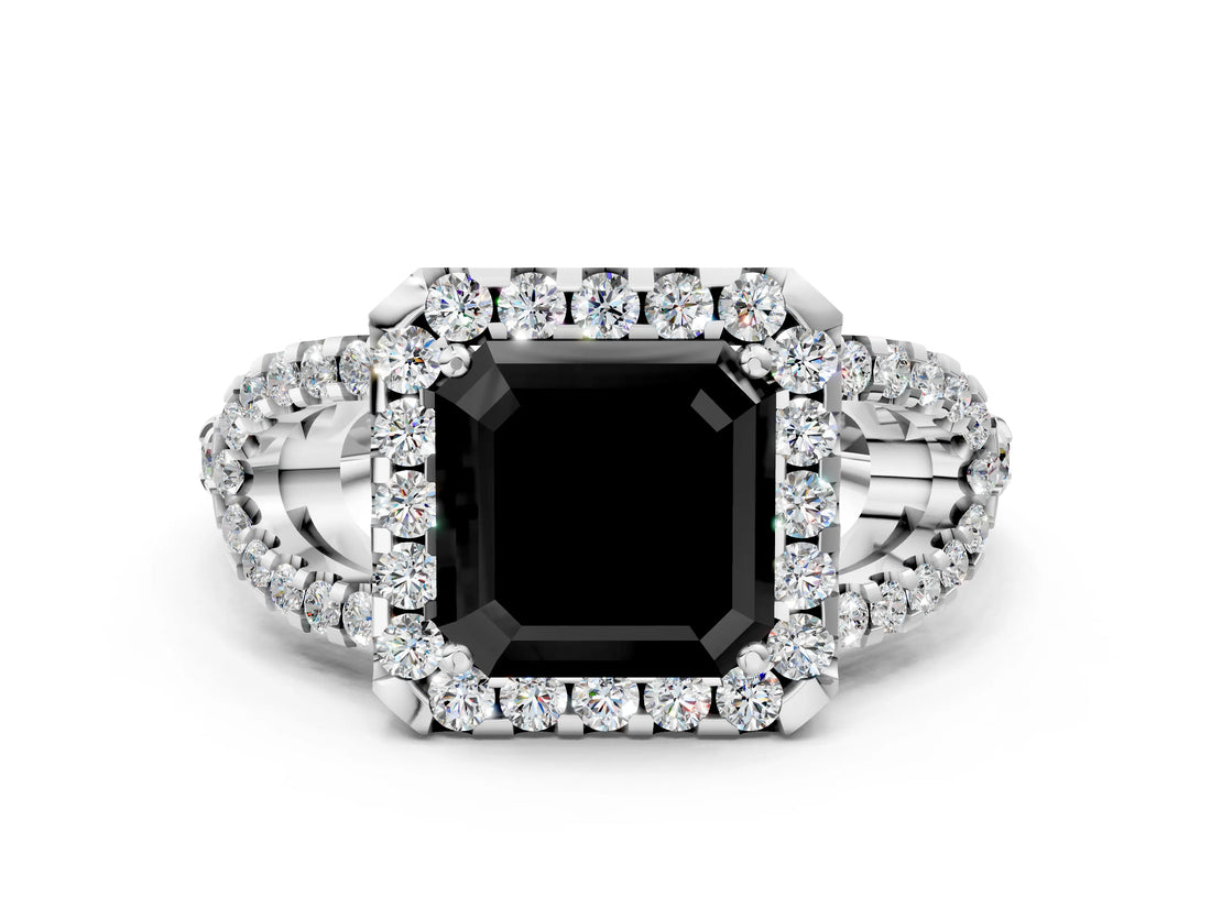 Platinum Fancy Black Asscher Cut Cut Diamond Halo Engagement Ring with Open Split Pavé Band_6