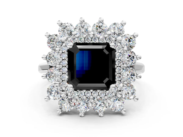Platinum Asscher Cut Floral Double Halo Engagement Ring Setting for Black Center