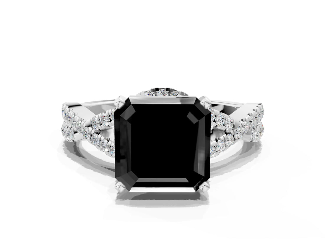 Platinum Fancy Black Asscher Cut Diamond  Halo Twist Band Solitaire Prong Setting Ring_12