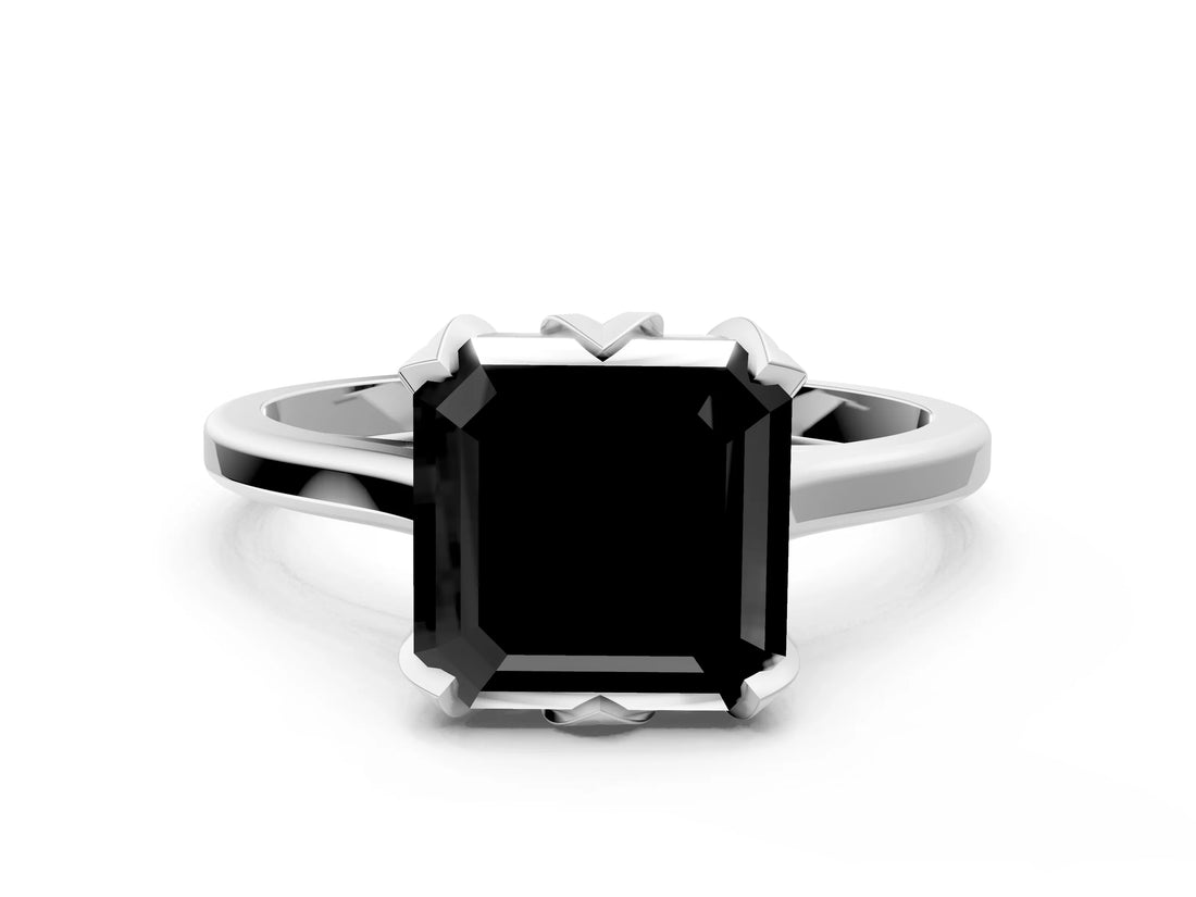 Platinum Fancy Black Asscher Cut Diamond Solitaire Ring with Flower Prong Setting and Classic Band_12